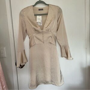 Lichi Cream Dress with Bell Sleeves and Plunge Neckline